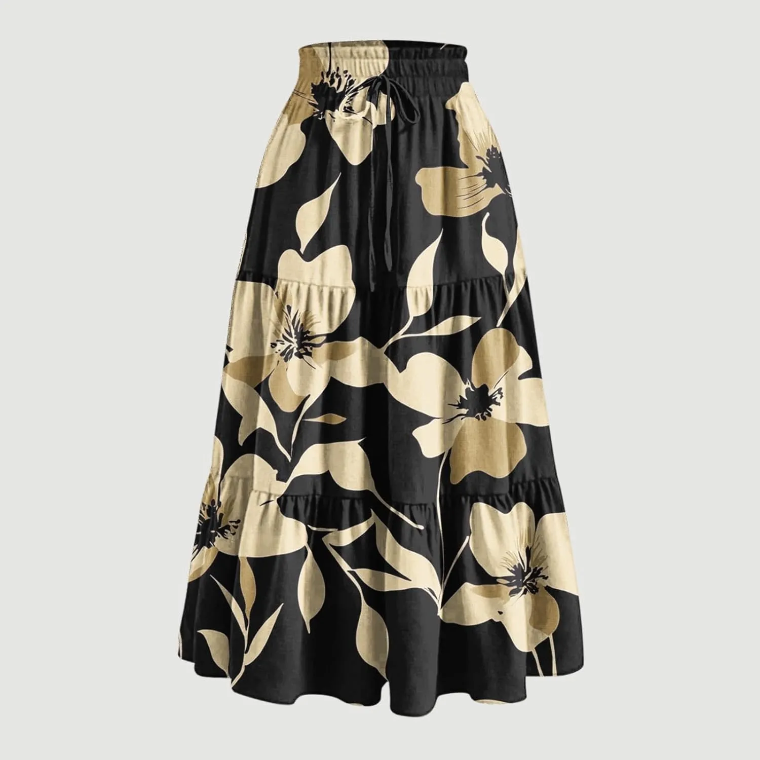 Womens Casual Boho Floral Skirts 2025 Summer Flowy Beach Skirt Drawstring High Waist Tiered Pleated Maxi Skirts