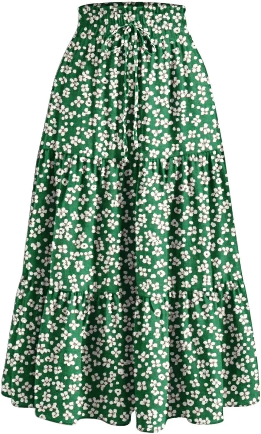 Womens Casual Boho Floral Skirts 2025 Summer Flowy Beach Skirt Drawstring High Waist Tiered Pleated Maxi Skirts