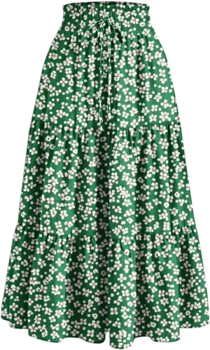 Womens Casual Boho Floral Skirts 2025 Summer Flowy Beach Skirt Drawstring High Waist Tiered Pleated Maxi Skirts