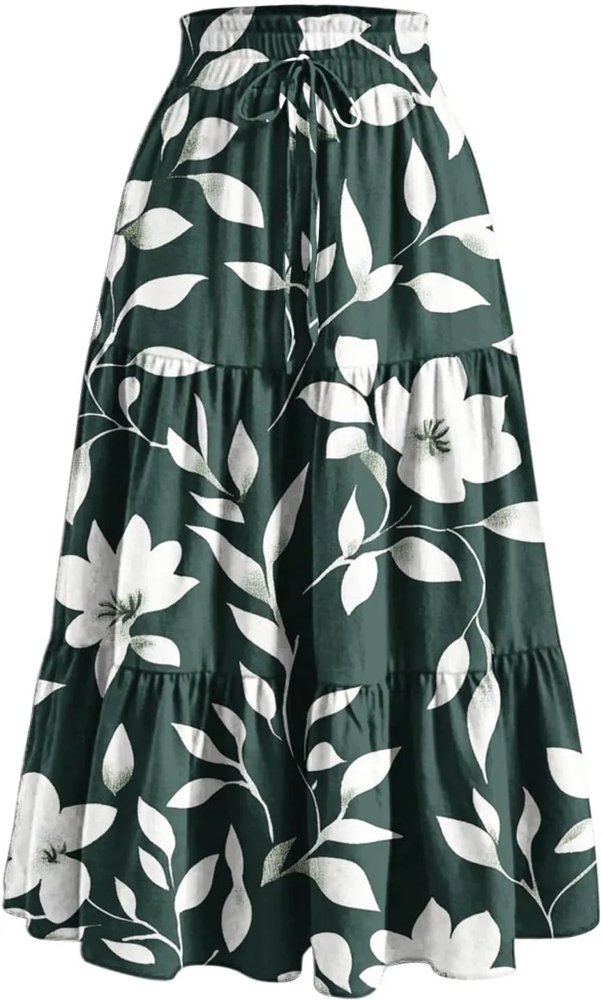 Womens Casual Boho Floral Skirts 2025 Summer Flowy Beach Skirt Drawstring High Waist Tiered Pleated Maxi Skirts
