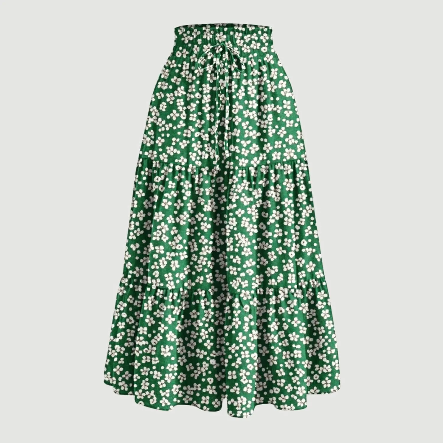 Womens Casual Boho Floral Skirts 2025 Summer Flowy Beach Skirt Drawstring High Waist Tiered Pleated Maxi Skirts