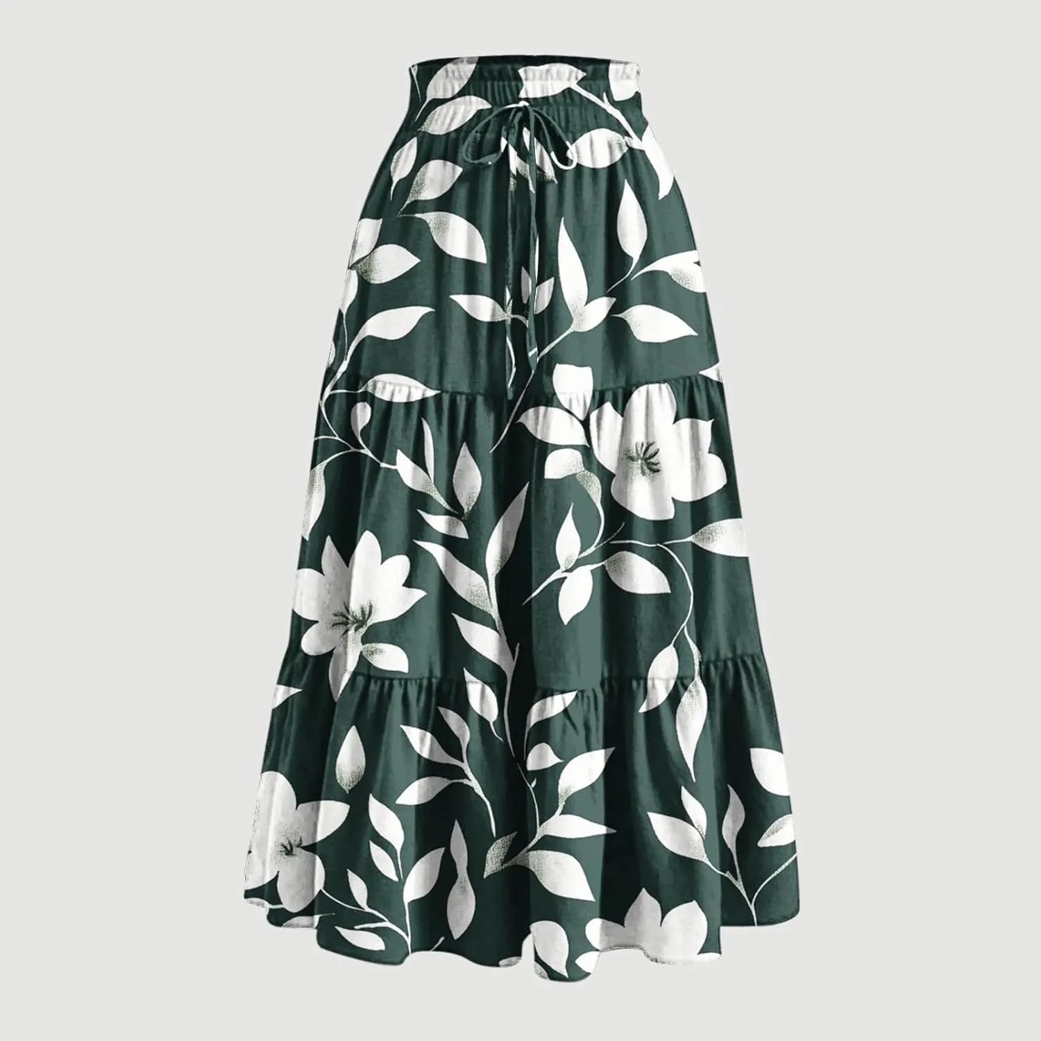 Womens Casual Boho Floral Skirts 2025 Summer Flowy Beach Skirt Drawstring High Waist Tiered Pleated Maxi Skirts
