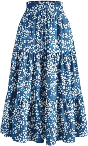 Womens Casual Boho Floral Skirts 2025 Summer Flowy Beach Skirt Drawstring High Waist Tiered Pleated Maxi Skirts