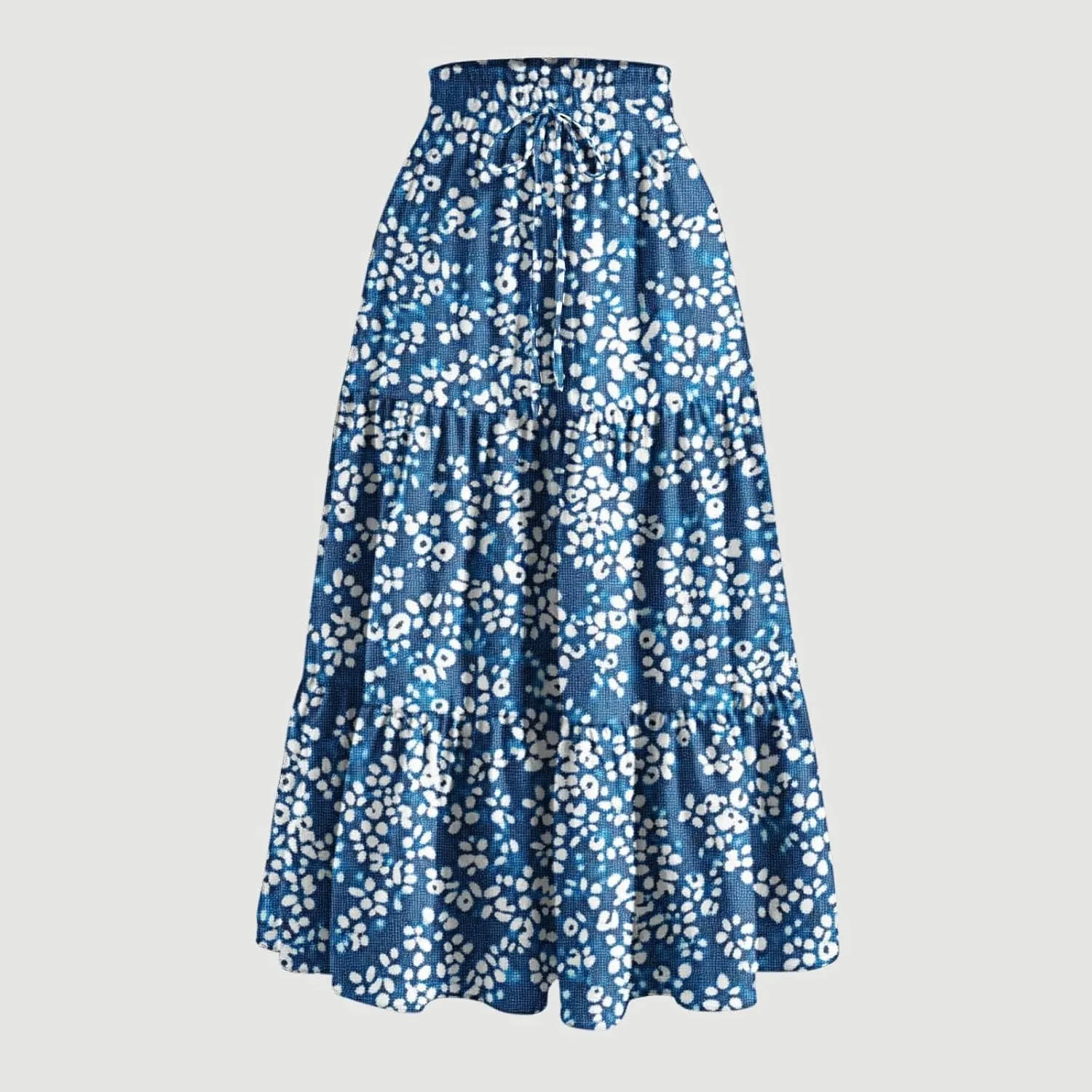 Womens Casual Boho Floral Skirts 2025 Summer Flowy Beach Skirt Drawstring High Waist Tiered Pleated Maxi Skirts