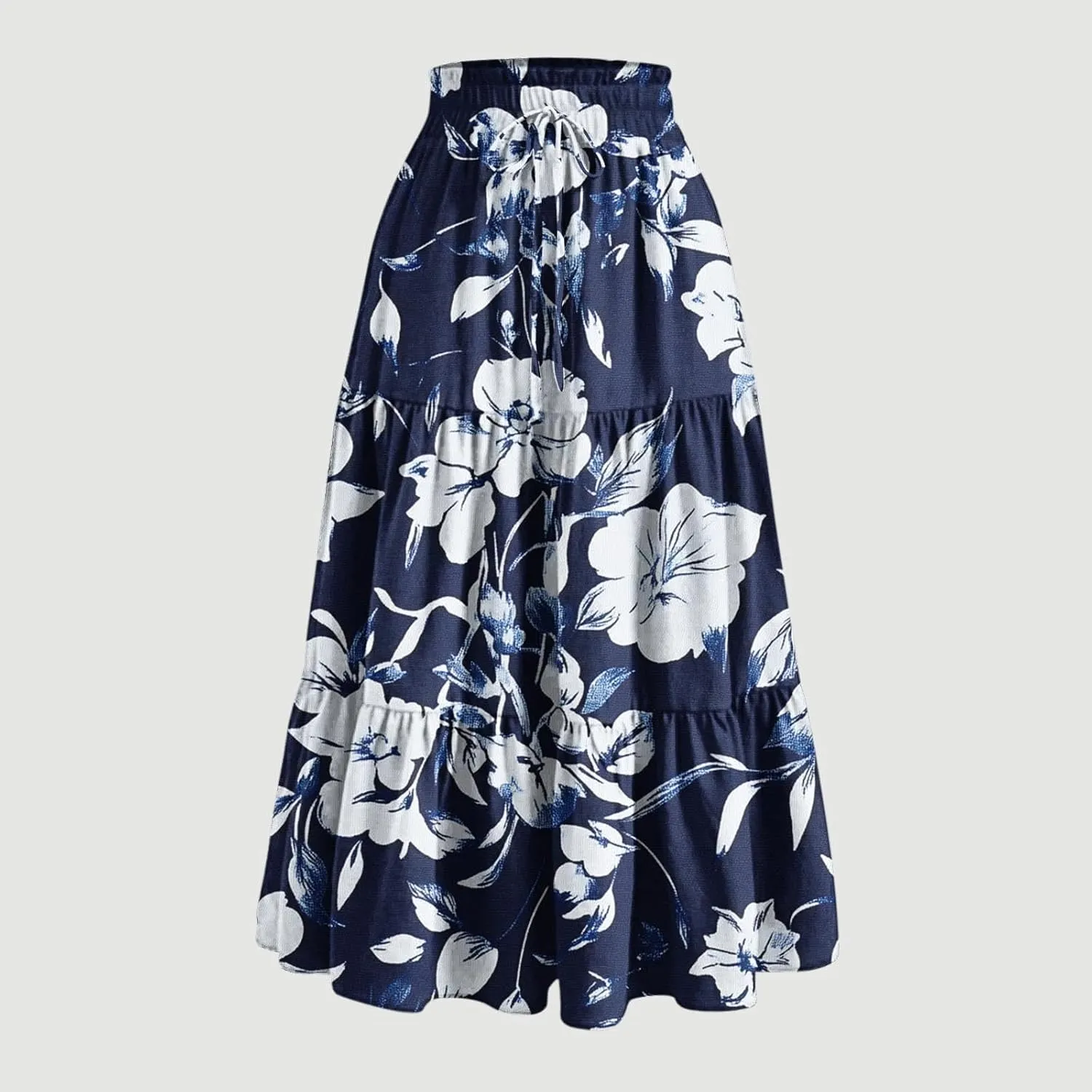 Womens Casual Boho Floral Skirts 2025 Summer Flowy Beach Skirt Drawstring High Waist Tiered Pleated Maxi Skirts