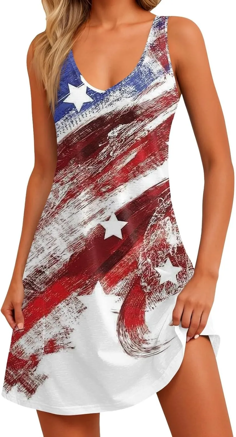 Women's Casual Day Printed Dress with V-Neck Vest and Pocket Beach Dress Casual Dresses