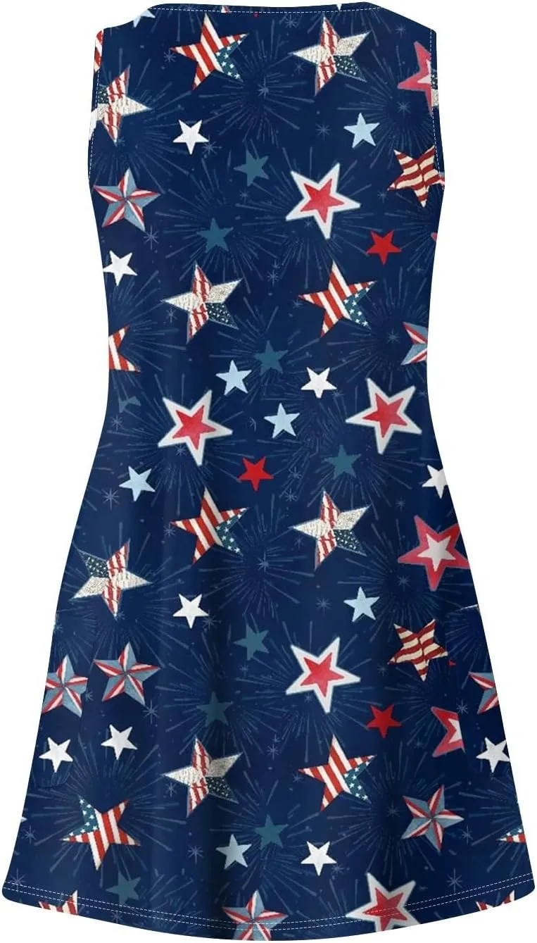 Women's Casual Day Printed Dress with V-Neck Vest and Pocket Beach Dress Casual Dresses