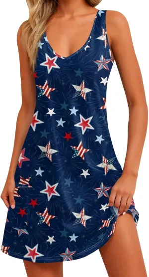 Women's Casual Day Printed Dress with V-Neck Vest and Pocket Beach Dress Casual Dresses