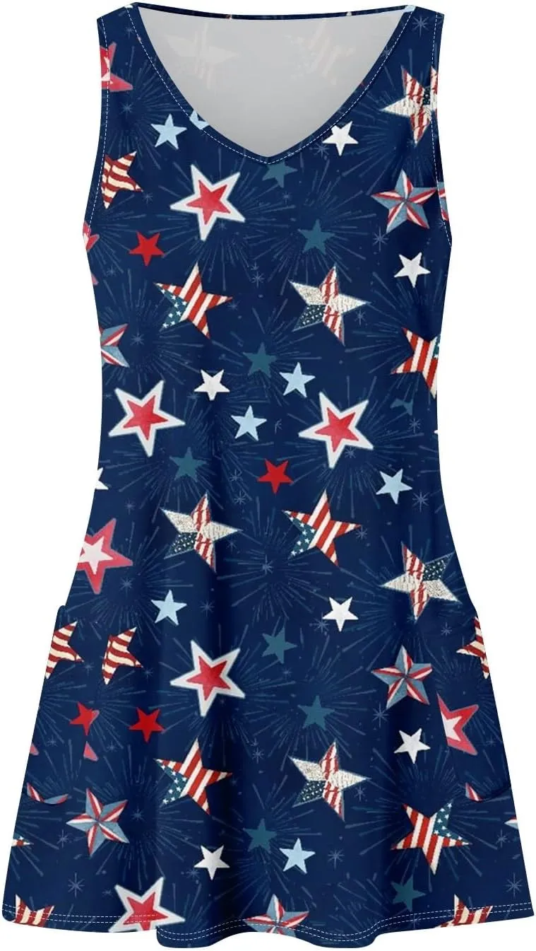 Women's Casual Day Printed Dress with V-Neck Vest and Pocket Beach Dress Casual Dresses