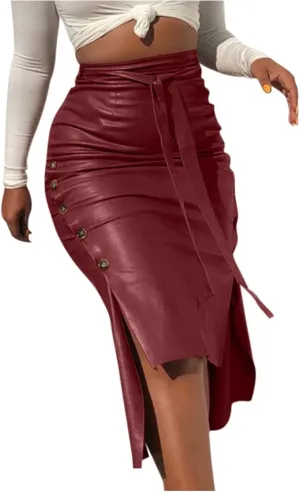 Womens Casual Split Faux Leather Skirt High Waist Bandage Bodycon Pencil Skirts Ladies Midi PU Leather Skirt