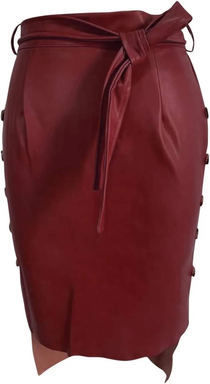 Womens Casual Split Faux Leather Skirt High Waist Bandage Bodycon Pencil Skirts Ladies Midi PU Leather Skirt