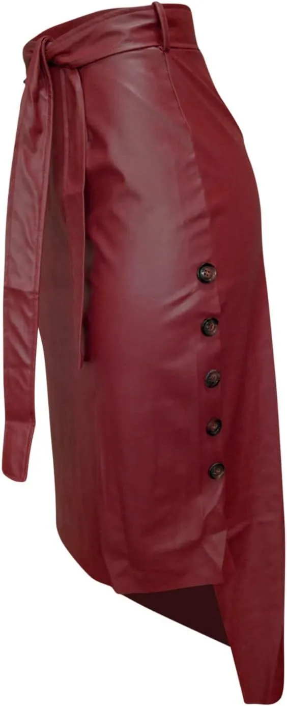 Womens Casual Split Faux Leather Skirt High Waist Bandage Bodycon Pencil Skirts Ladies Midi PU Leather Skirt