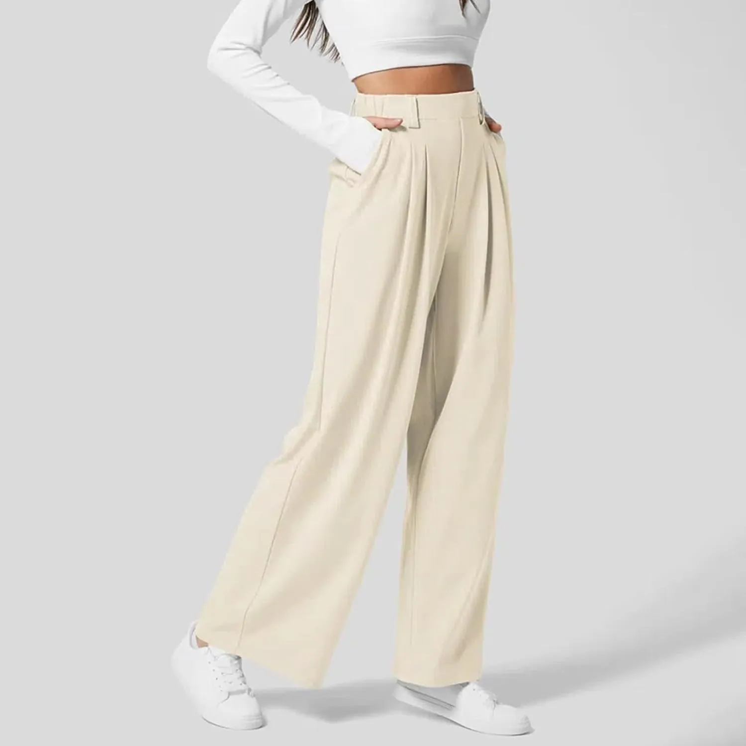 Womens Casual Wide Leg Pants High Waisted Button Down Straight Long Trousers Palazzo Pants
