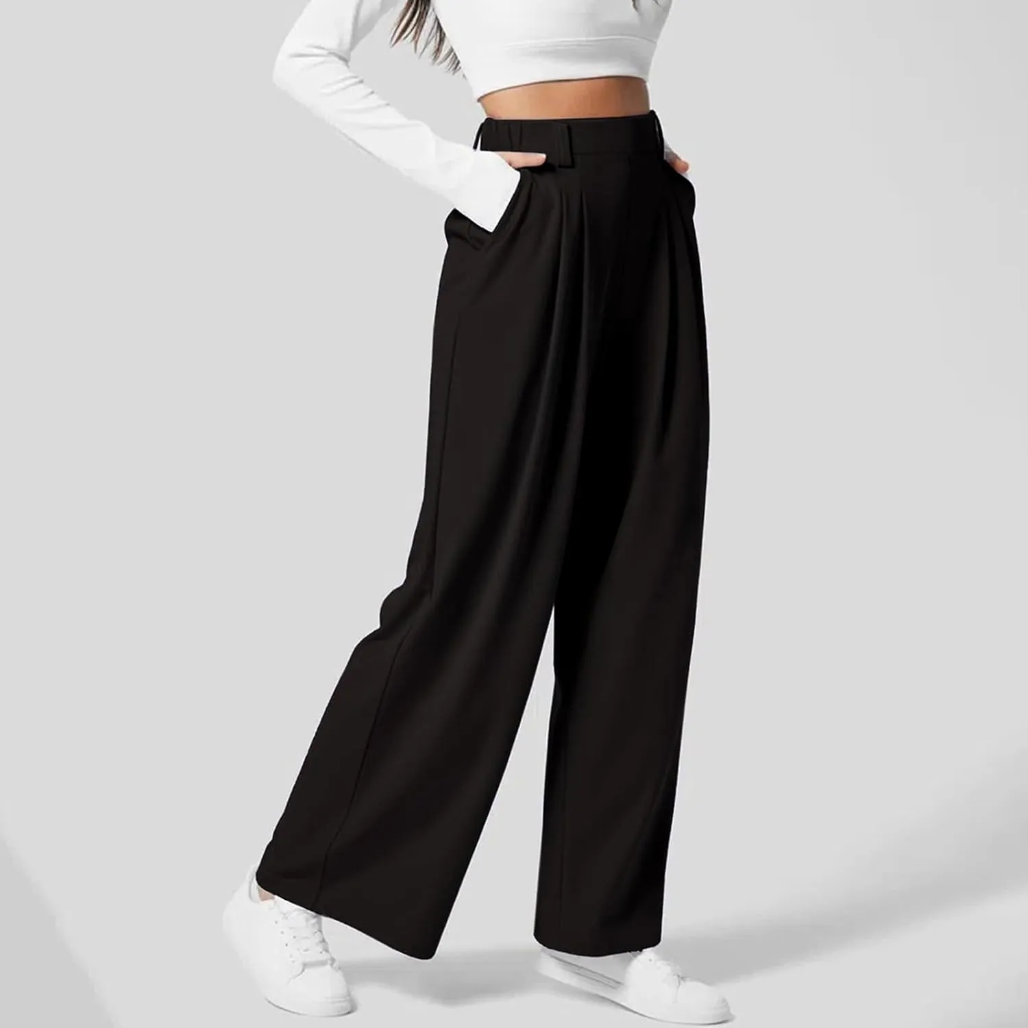 Womens Casual Wide Leg Pants High Waisted Button Down Straight Long Trousers Palazzo Pants