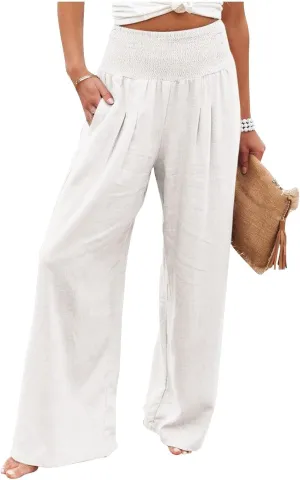 Women's Cotton Linen Pants,Summer Wide Leg Casual Loose Drawstring High Waist Palazzo Trousers