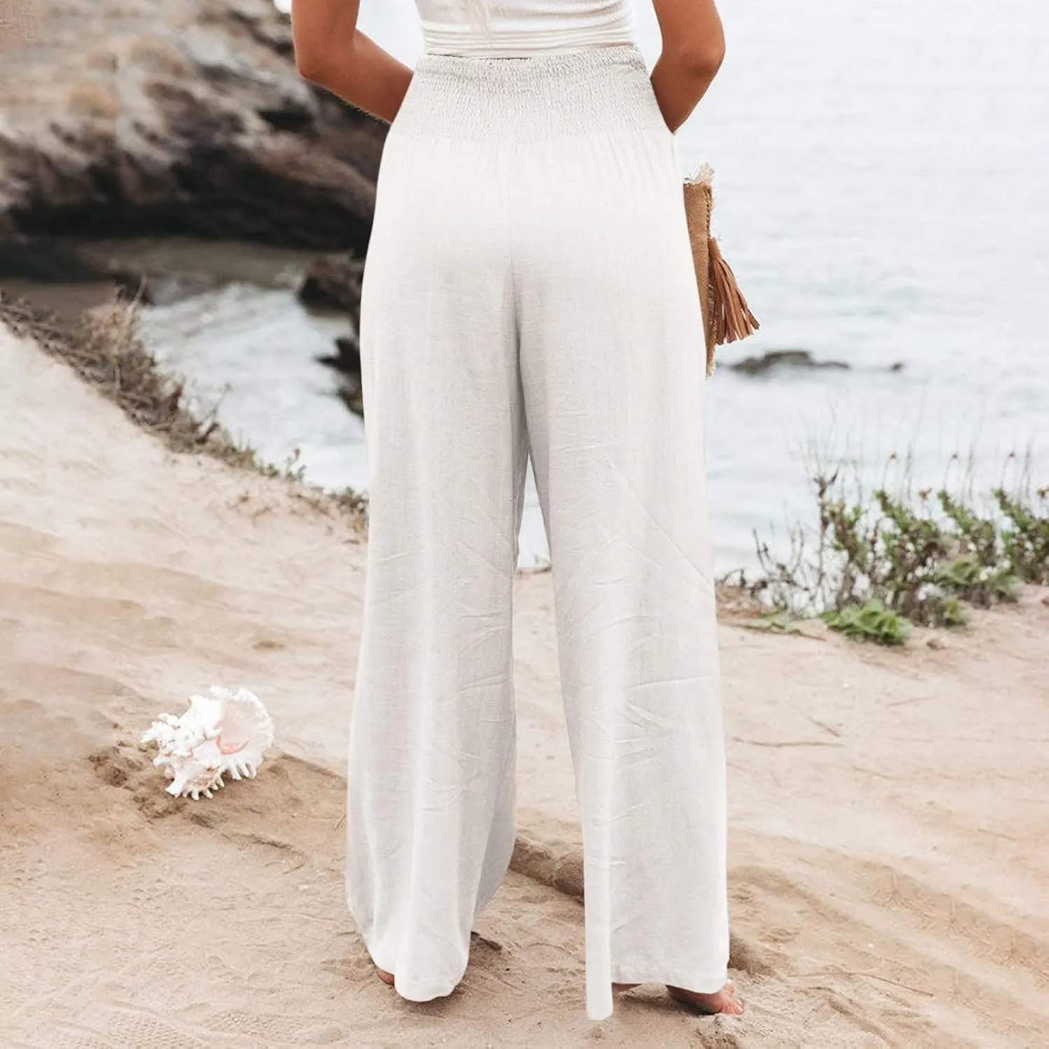 Women's Cotton Linen Pants,Summer Wide Leg Casual Loose Drawstring High Waist Palazzo Trousers