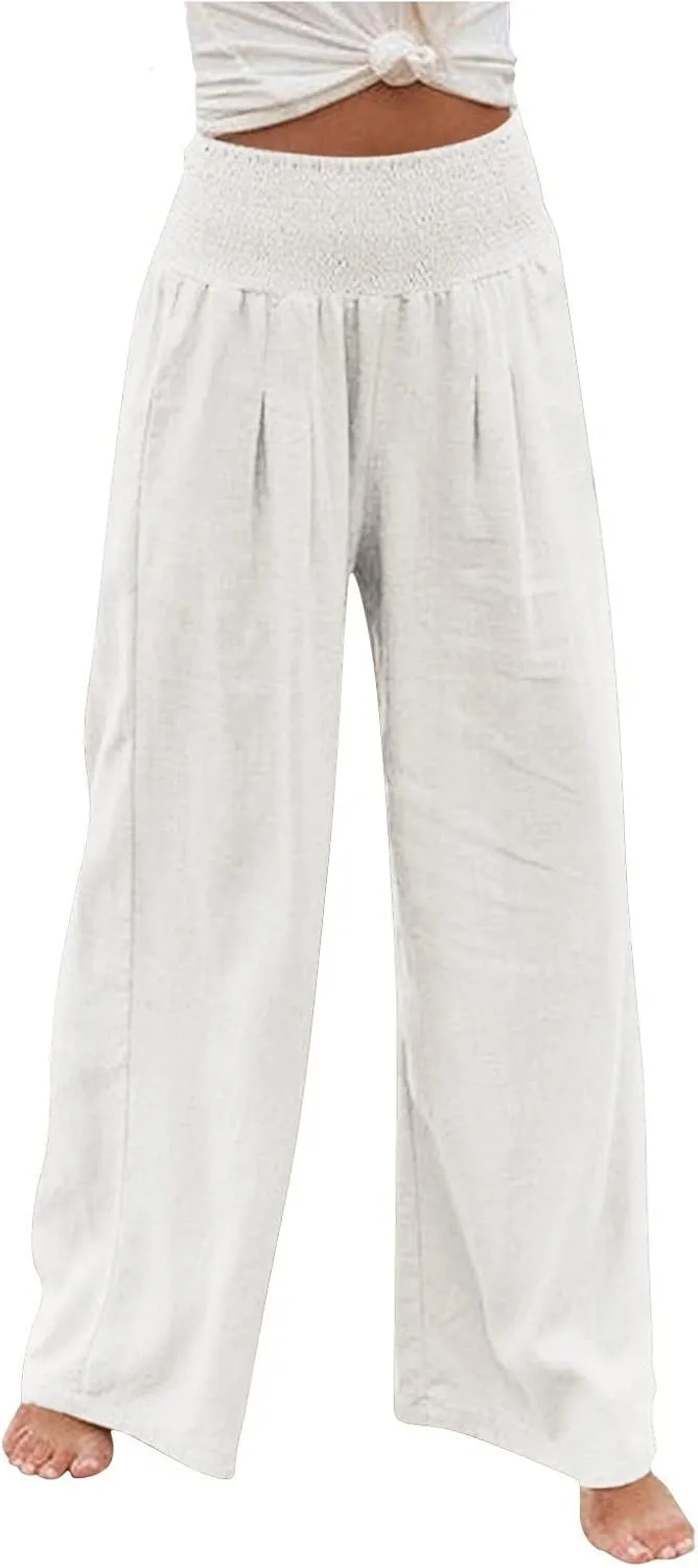 Women's Cotton Linen Pants,Summer Wide Leg Casual Loose Drawstring High Waist Palazzo Trousers