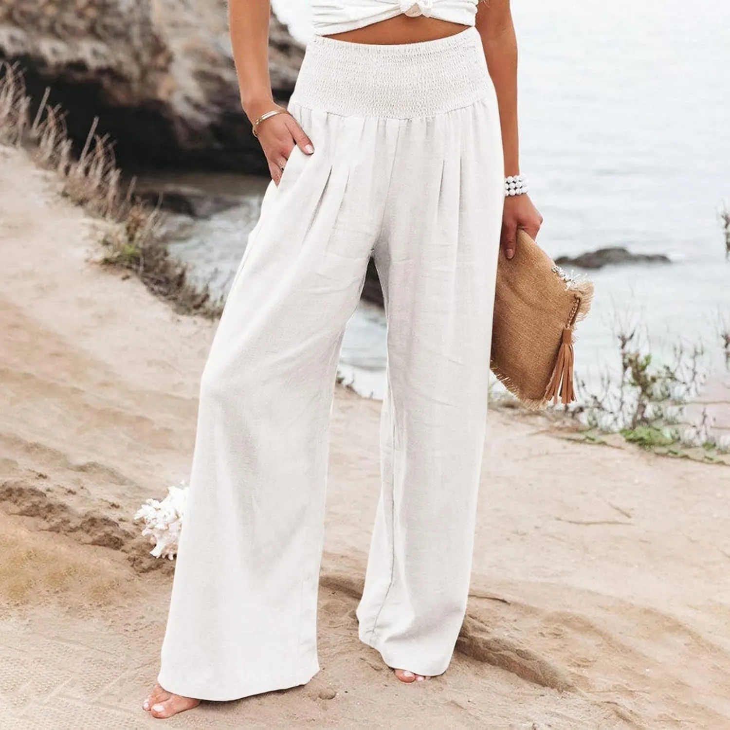 Women's Cotton Linen Pants,Summer Wide Leg Casual Loose Drawstring High Waist Palazzo Trousers