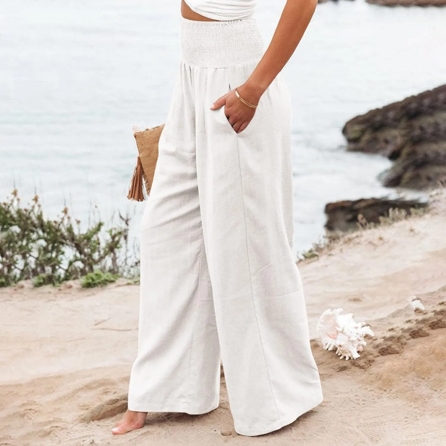 Women's Cotton Linen Pants,Summer Wide Leg Casual Loose Drawstring High Waist Palazzo Trousers