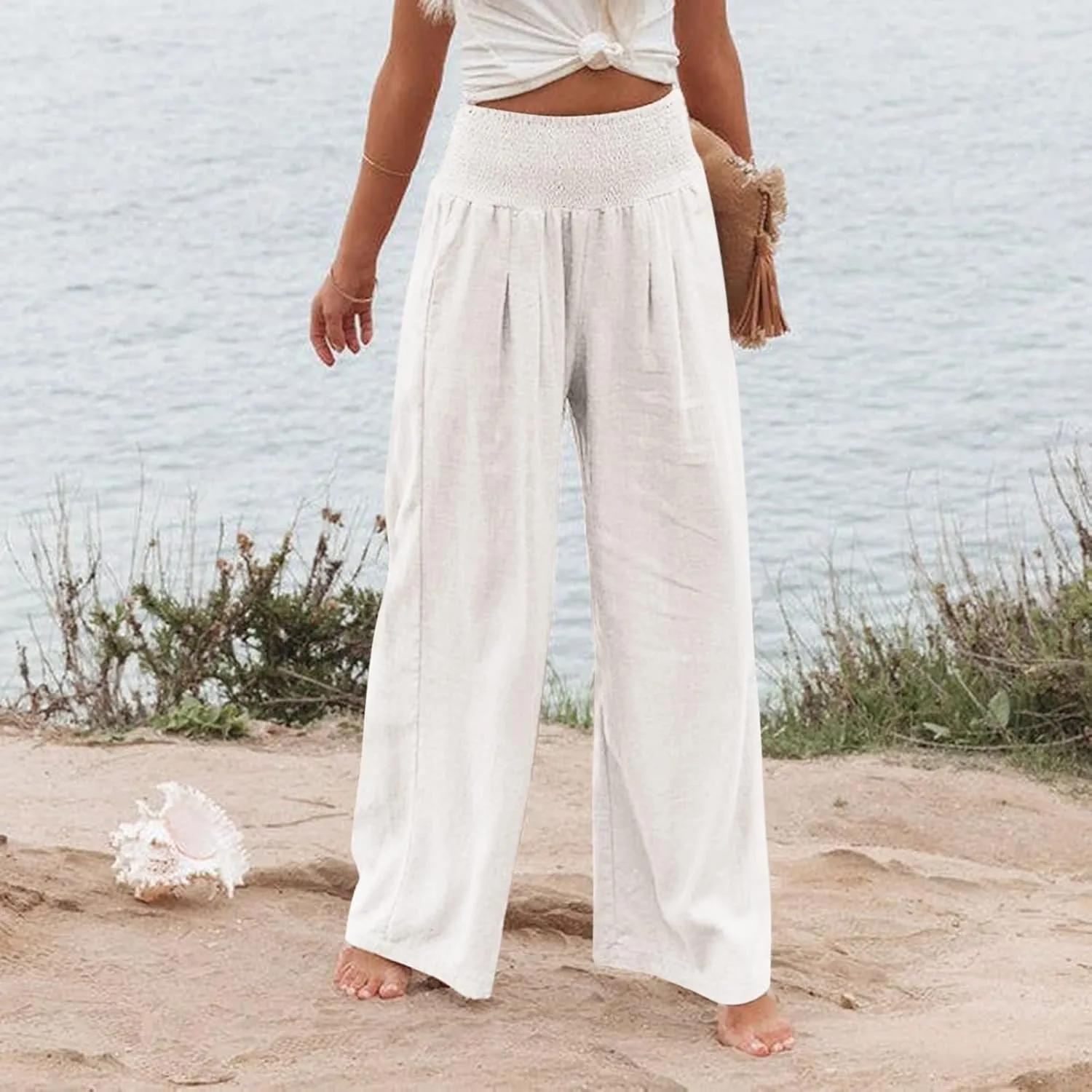 Women's Cotton Linen Pants,Summer Wide Leg Casual Loose Drawstring High Waist Palazzo Trousers
