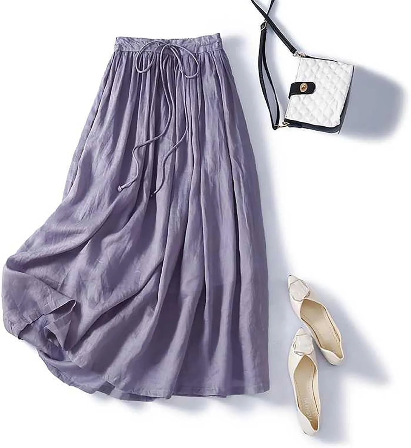 Women's Cotton Linen Skirts Summer Lightweight Casual Lace-Up Waist Long Skirt Beach Vacation Flowy Boho Skirts