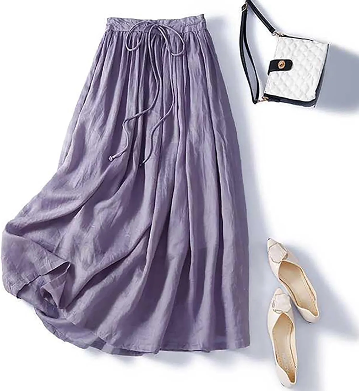 Women's Cotton Linen Skirts Summer Lightweight Casual Lace-Up Waist Long Skirt Beach Vacation Flowy Boho Skirts