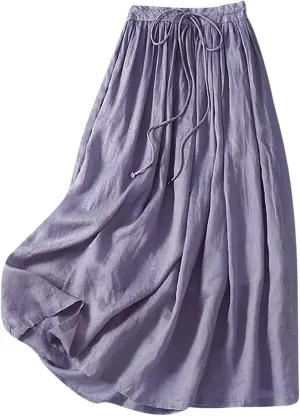 Women's Cotton Linen Skirts Summer Lightweight Casual Lace-Up Waist Long Skirt Beach Vacation Flowy Boho Skirts