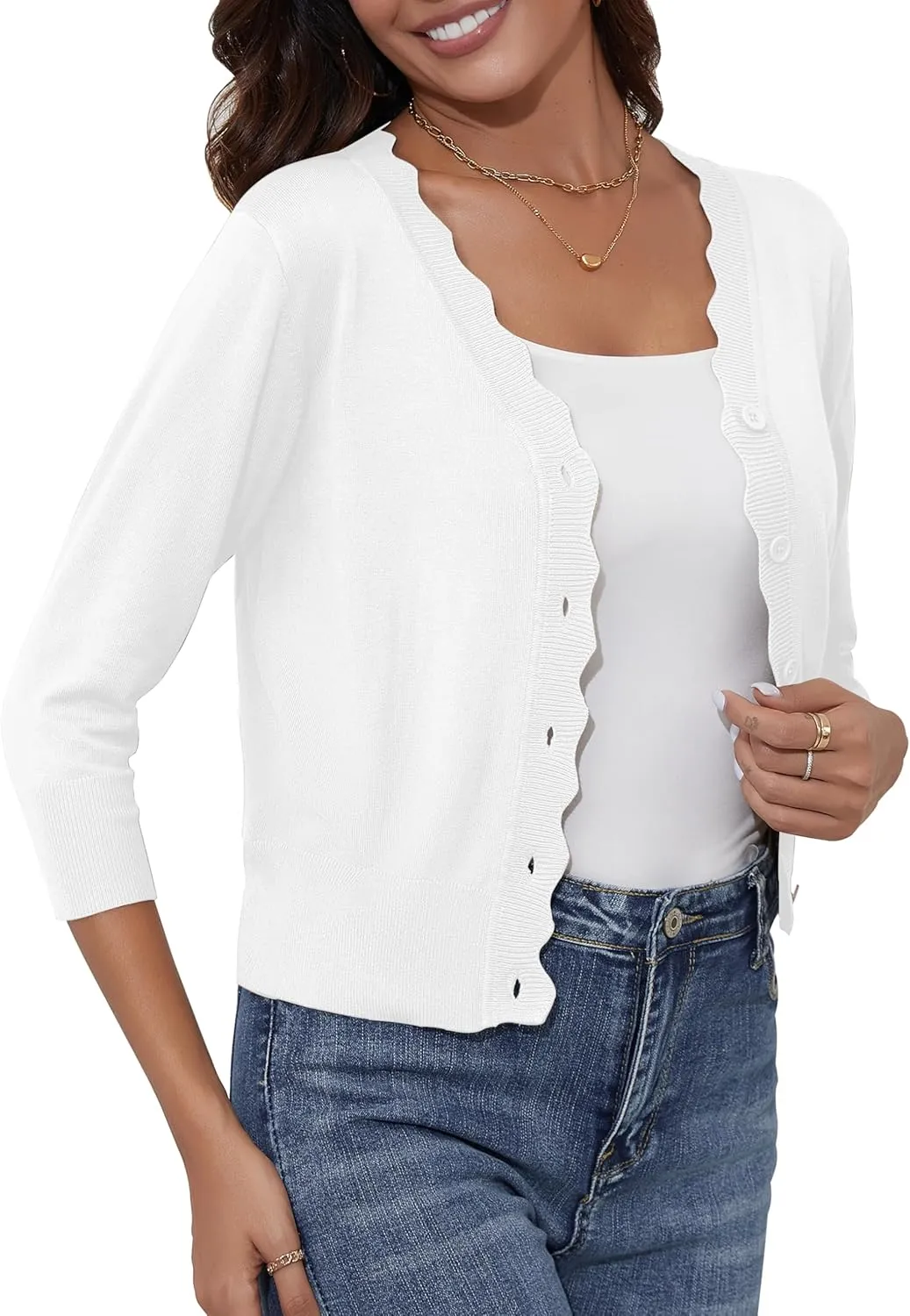 Women's Cropped Cardigans 3/4 Sleeve Button Down Lightweight Cardigan Sweaters Scalloped Edged Bolero Shrugs