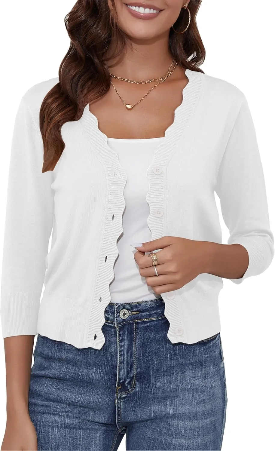 Women's Cropped Cardigans 3/4 Sleeve Button Down Lightweight Cardigan Sweaters Scalloped Edged Bolero Shrugs