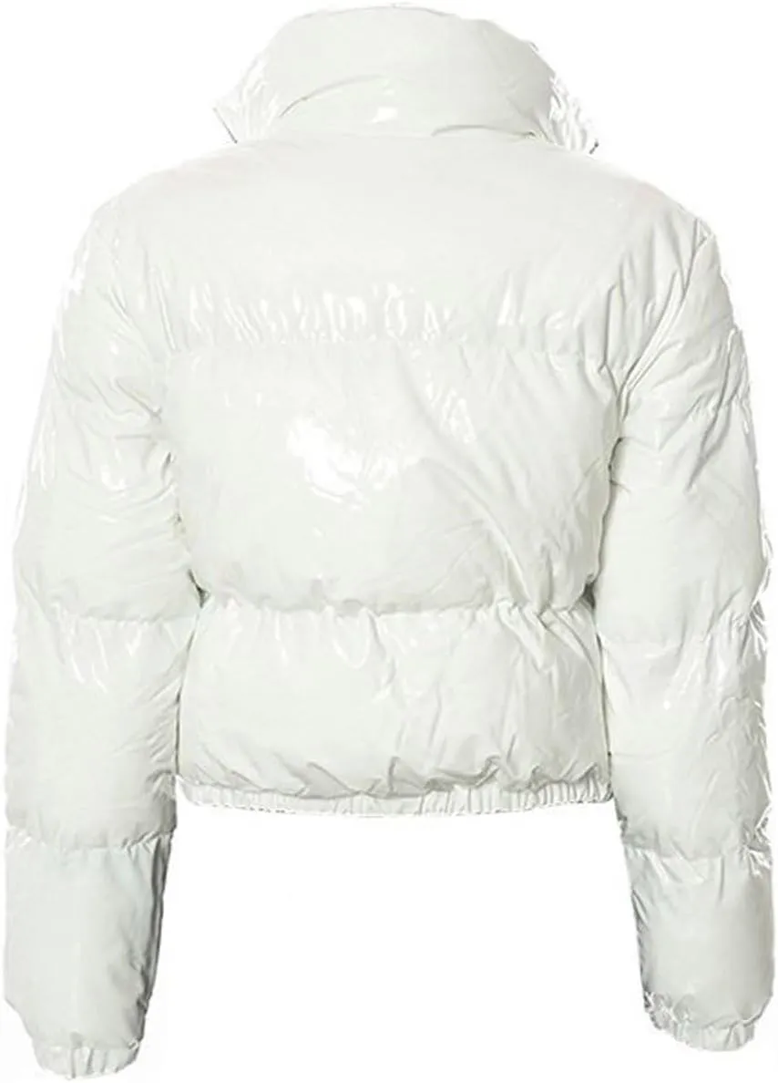 Womens Cropped Puffer Jacket Casual Long Sleeve Zip Up Padded Jackets Stand Collar Quilted Down Coat Winter Warm Coats
