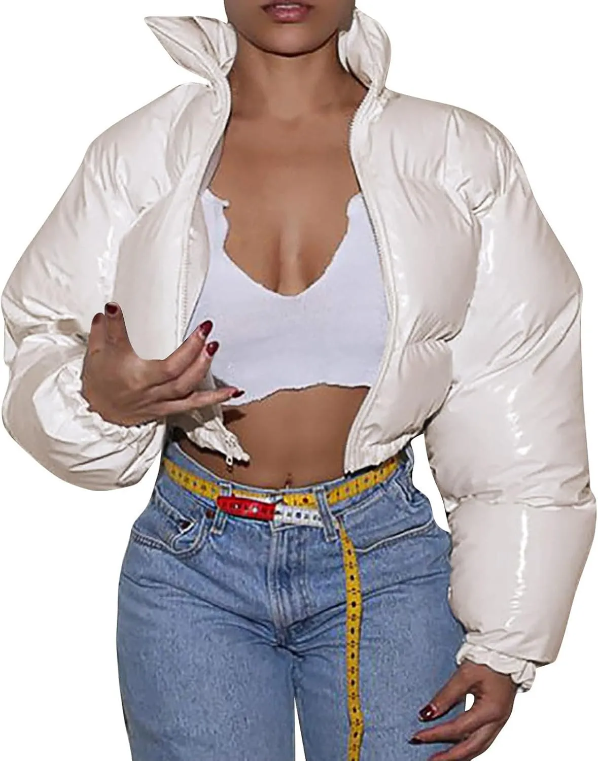 Womens Cropped Puffer Jacket Casual Long Sleeve Zip Up Padded Jackets Stand Collar Quilted Down Coat Winter Warm Coats