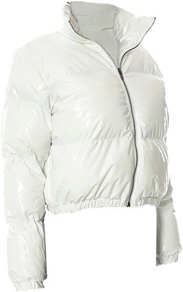 Womens Cropped Puffer Jacket Casual Long Sleeve Zip Up Padded Jackets Stand Collar Quilted Down Coat Winter Warm Coats