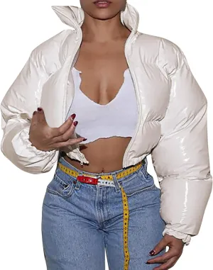Womens Cropped Puffer Jacket Casual Long Sleeve Zip Up Padded Jackets Stand Collar Quilted Down Coat Winter Warm Coats
