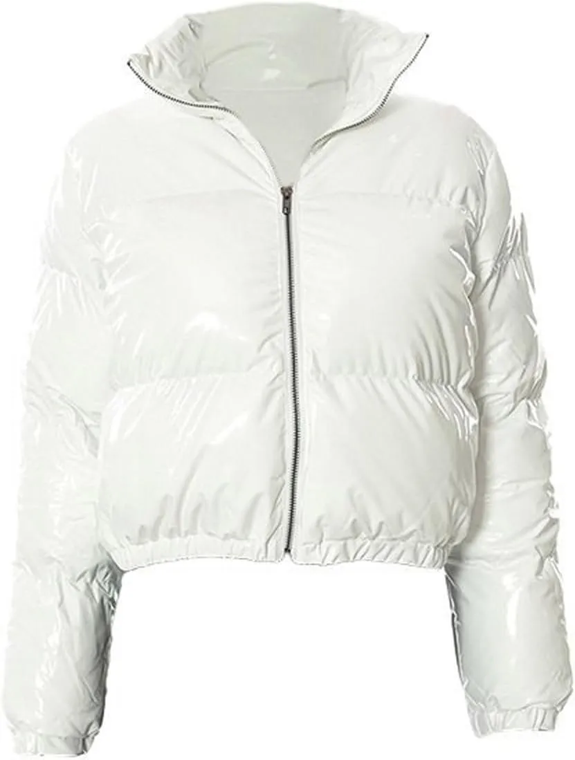Womens Cropped Puffer Jacket Casual Long Sleeve Zip Up Padded Jackets Stand Collar Quilted Down Coat Winter Warm Coats