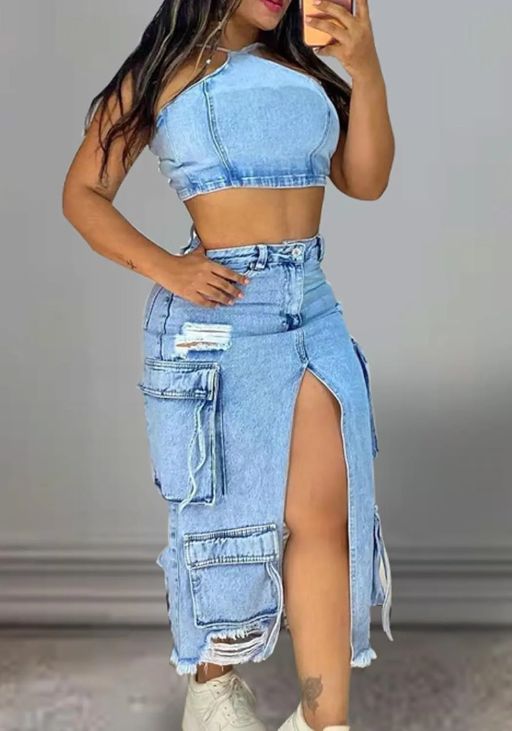 Women's Denim Maxi Skirts Cargo High Waisted Y2k Slit Ripped Skirts Jean Skirt with Multi-Pocket
