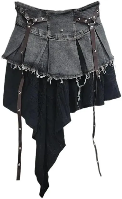 Women's Denim Skirts High Waist Patchwork Irregular Burrs Edge Folds Ribbons Short Skirt