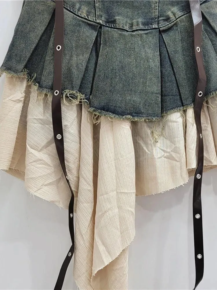 Women's Denim Skirts High Waist Patchwork Irregular Burrs Edge Folds Ribbons Short Skirt