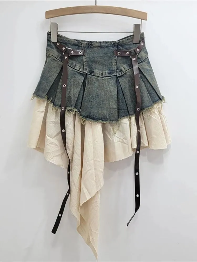Women's Denim Skirts High Waist Patchwork Irregular Burrs Edge Folds Ribbons Short Skirt