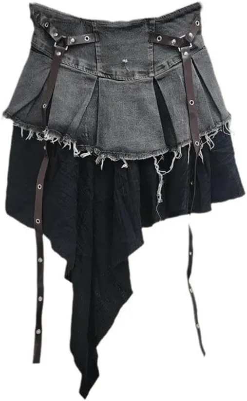 Women's Denim Skirts High Waist Patchwork Irregular Burrs Edge Folds Ribbons Short Skirt
