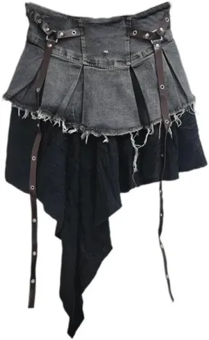 Women's Denim Skirts High Waist Patchwork Irregular Burrs Edge Folds Ribbons Short Skirt
