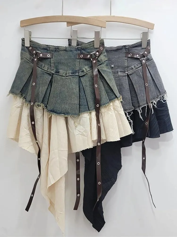 Women's Denim Skirts High Waist Patchwork Irregular Burrs Edge Folds Ribbons Short Skirt