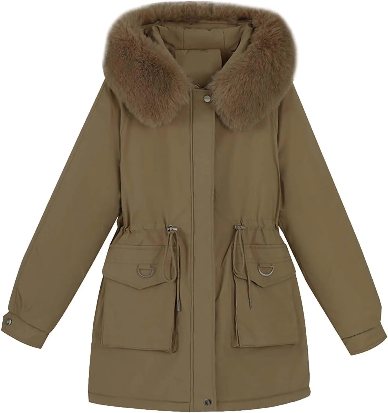 Women's Down Jacket Mid Length Thickened Quilted Puffer Jackets Padded Winter Coat Faux Fur Hood Outerwear Pockets