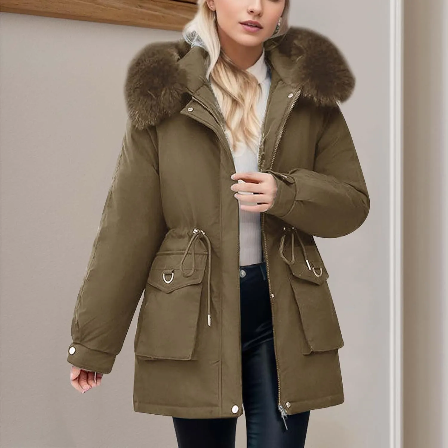 Women's Down Jacket Mid Length Thickened Quilted Puffer Jackets Padded Winter Coat Faux Fur Hood Outerwear Pockets