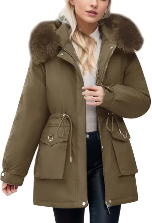 Women's Down Jacket Mid Length Thickened Quilted Puffer Jackets Padded Winter Coat Faux Fur Hood Outerwear Pockets