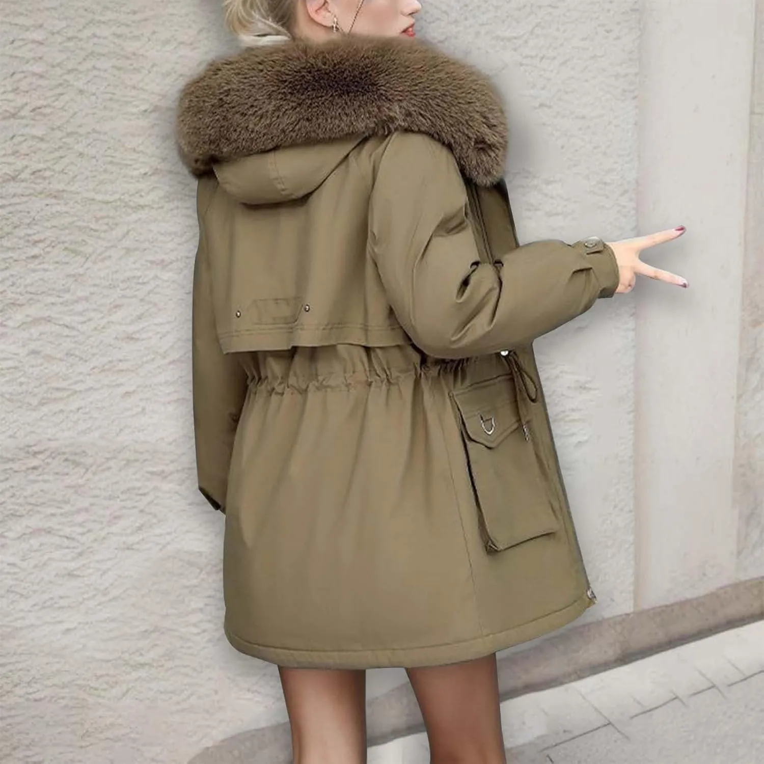 Women's Down Jacket Mid Length Thickened Quilted Puffer Jackets Padded Winter Coat Faux Fur Hood Outerwear Pockets