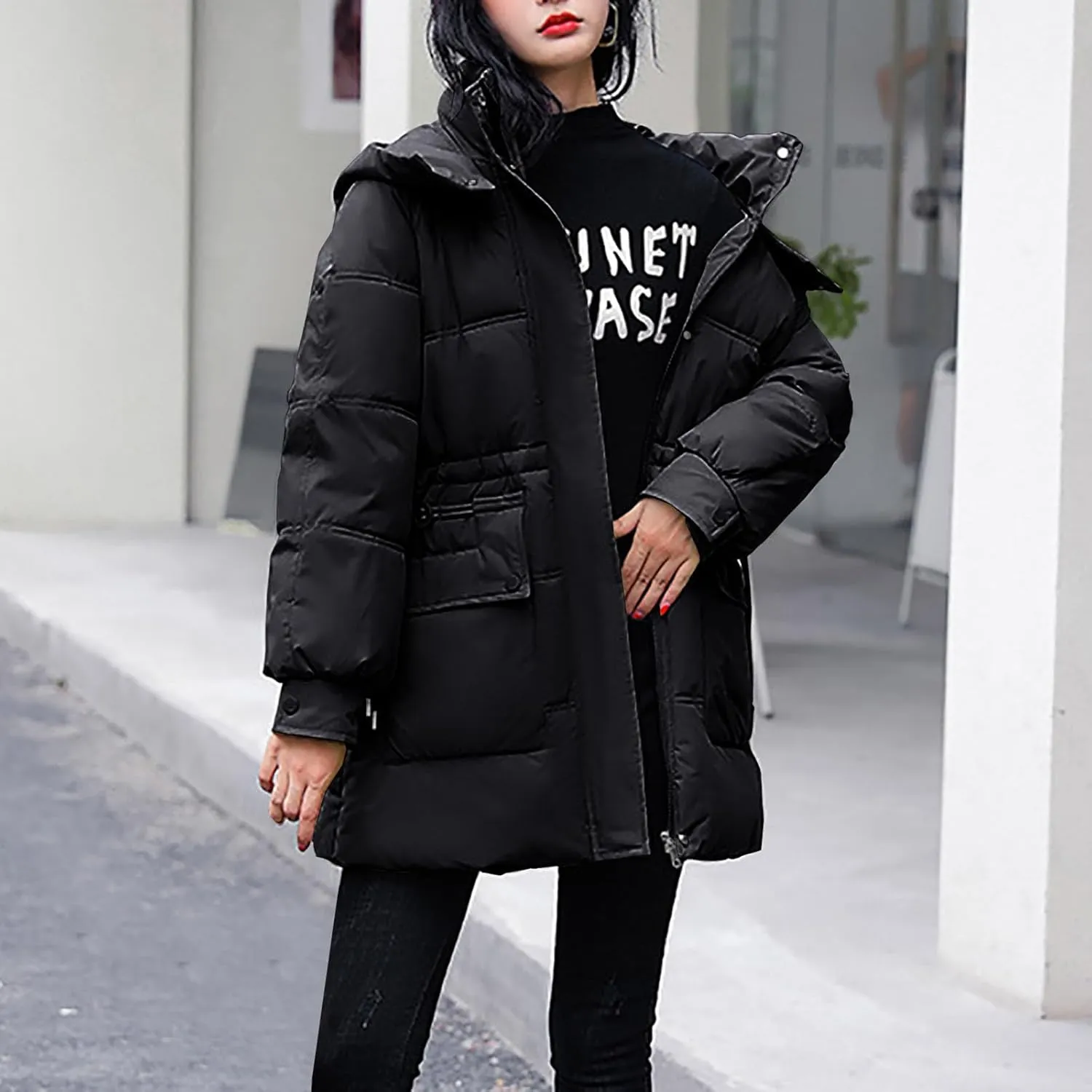 Womens Down Puffer Jackets Quilted Winter Warm Coats with Hooded and Pockets Casual Loose Long Sleeve Zip Up Coats