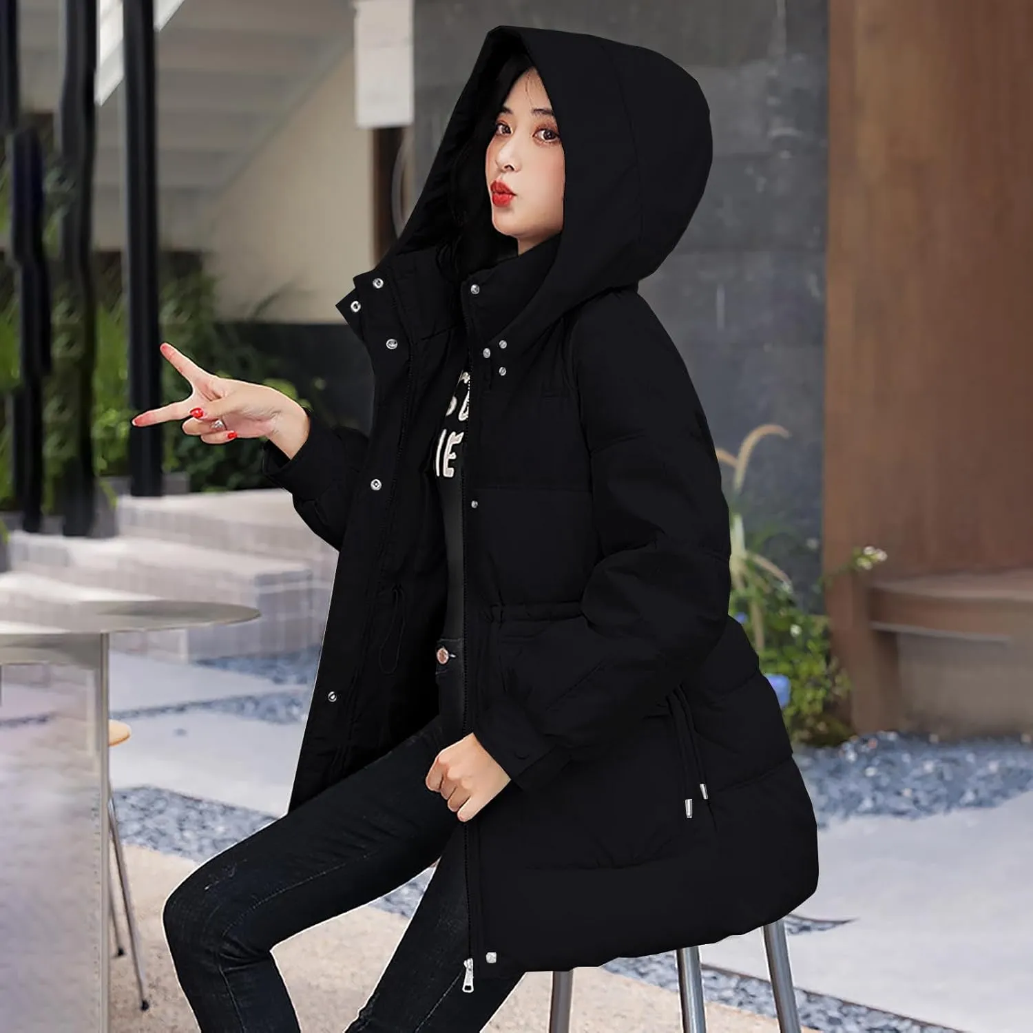 Womens Down Puffer Jackets Quilted Winter Warm Coats with Hooded and Pockets Casual Loose Long Sleeve Zip Up Coats