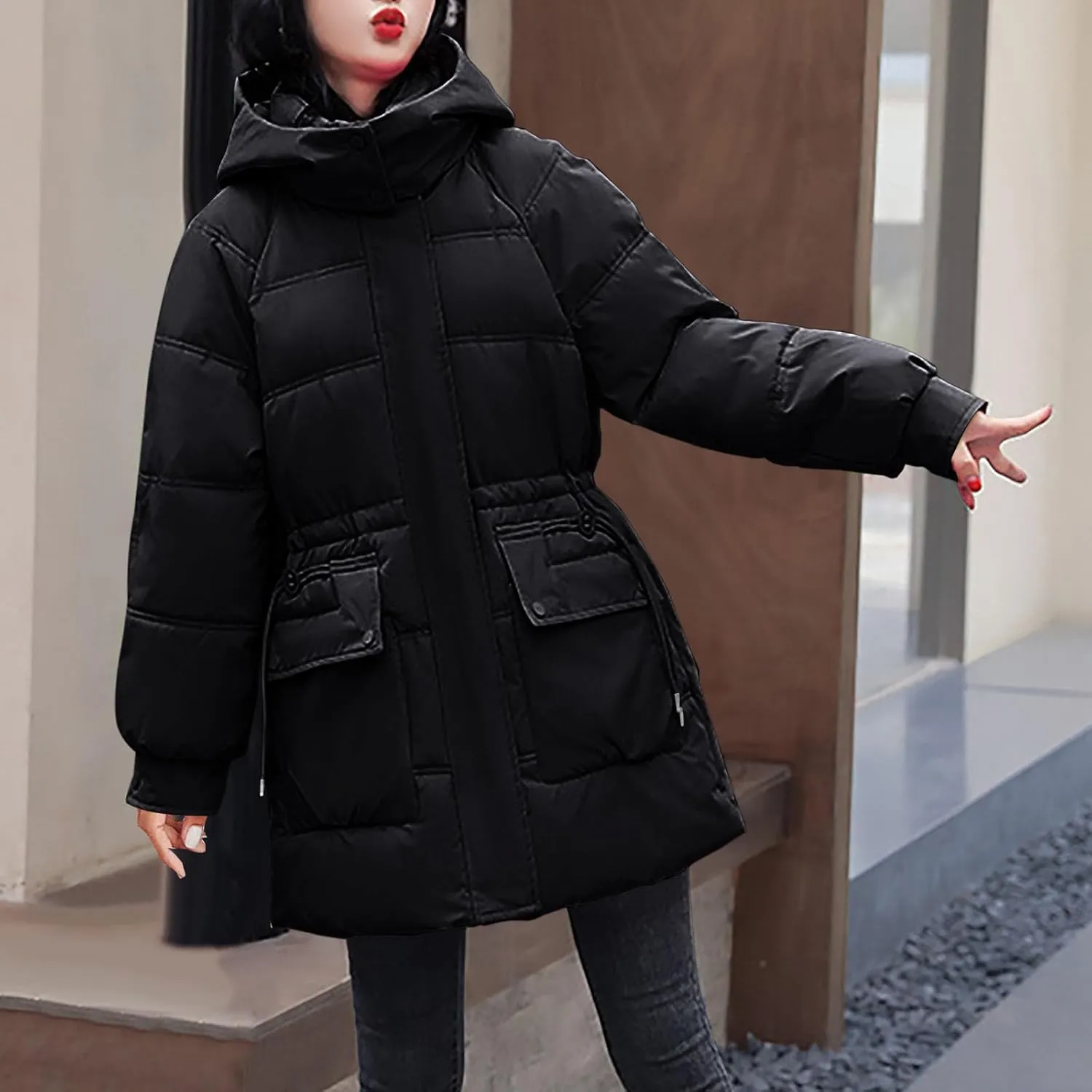 Womens Down Puffer Jackets Quilted Winter Warm Coats with Hooded and Pockets Casual Loose Long Sleeve Zip Up Coats