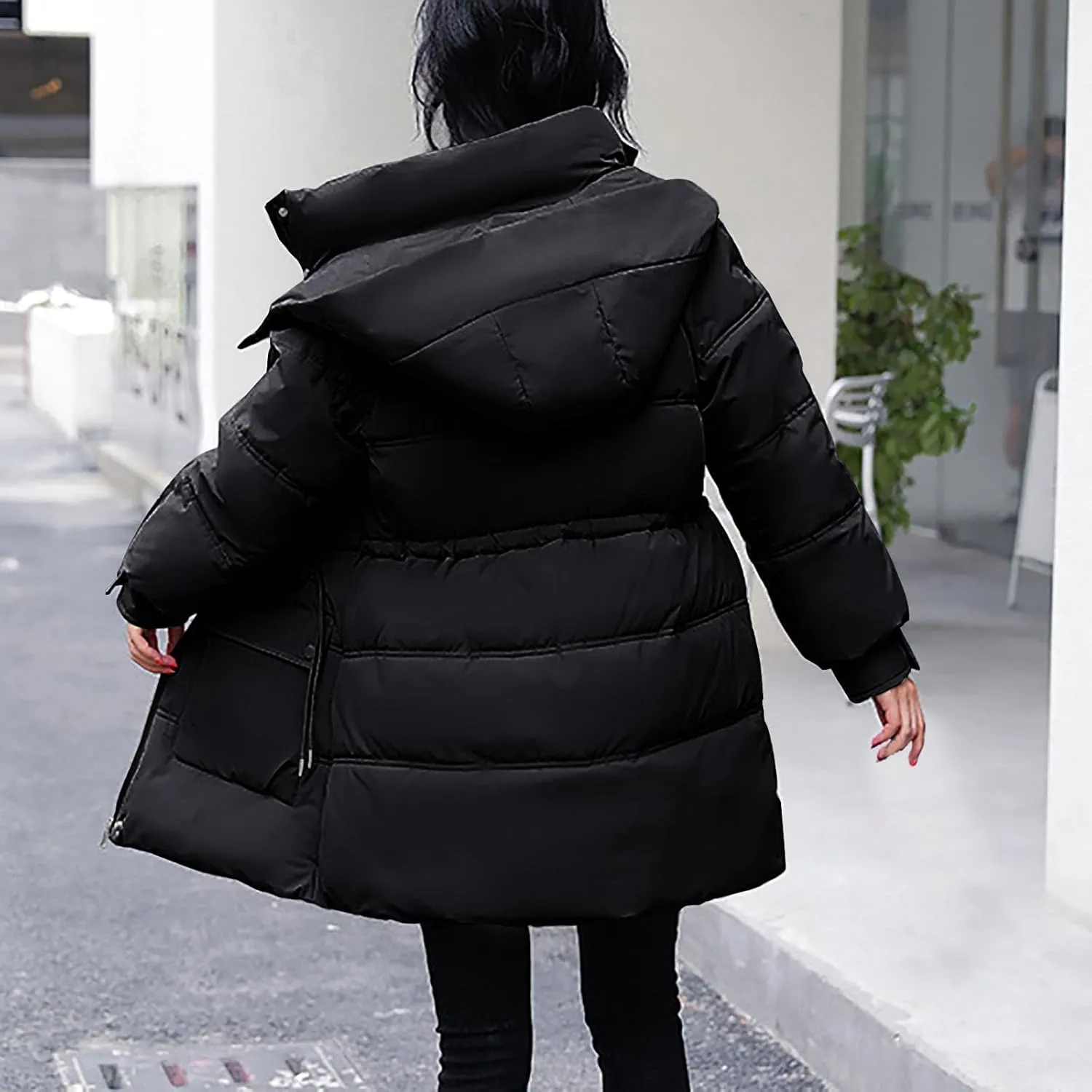 Womens Down Puffer Jackets Quilted Winter Warm Coats with Hooded and Pockets Casual Loose Long Sleeve Zip Up Coats