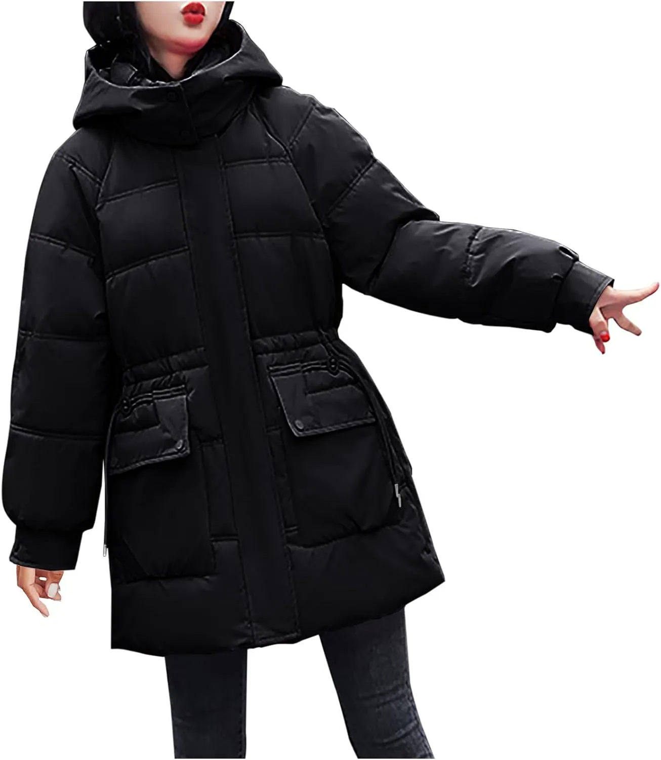 Womens Down Puffer Jackets Quilted Winter Warm Coats with Hooded and Pockets Casual Loose Long Sleeve Zip Up Coats